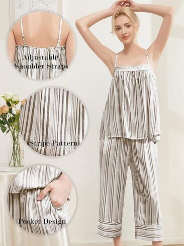 Women's Pajama-Sets – Striped Two-Piece Sleepwear Spaghetti Strap Camisole Top and Elastic Waistband Capri Pants in Saudi Arabia