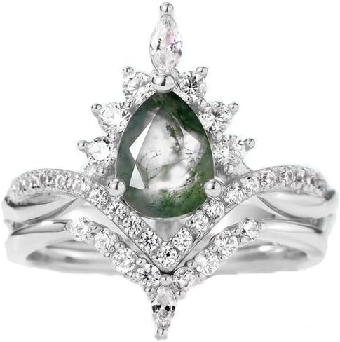 1.0CT Pear Shaped Moss Agate Engagement Rings for Women 14K Gold Plated 925 Sterling Silver Natural Moss Agate Ring Set Twisted Infinity Ring Vintage Halo Bridal Set 2pcs V Shaped Wedding Band Anniversary in Saudi Arabia