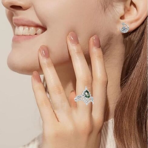 1.0CT Pear Shaped Moss Agate Engagement Rings for Women 14K Gold Plated 925 Sterling Silver Natural Moss Agate Ring Set Twisted Infinity Ring Vintage Halo Bridal Set 2pcs V Shaped Wedding Band Anniversary in Saudi Arabia