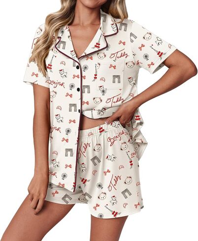 Ekouaer Womens Pajama Sets 2 Piece Pjs Short Sleeve Button Down Sleepwear Bride Soft Pj Shorts Lounge Sets in Saudi Arabia
