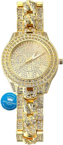 Halukakah Diamond Gold Watch for Men - THE CUBAN LINK - Iced Out Men's 18k Real Gold/Platinum White Gold Plated Cuban Chain Band Quartz Wristband 9.5",Cuban Link Chain 8"+18" Necklace Bracelet Set,Full Cz Diamonds,FREE Giftbox in Kuwait