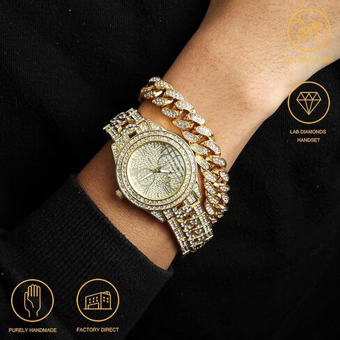 Halukakah Diamond Gold Watch for Men - THE CUBAN LINK - Iced Out Men's 18k Real Gold/Platinum White Gold Plated Cuban Chain Band Quartz Wristband 9.5",Cuban Link Chain 8"+18" Necklace Bracelet Set,Full Cz Diamonds,FREE Giftbox in Kuwait