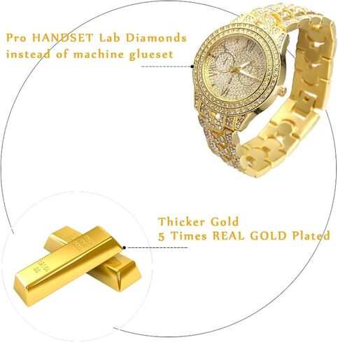 Halukakah Diamond Gold Watch for Men - THE CUBAN LINK - Iced Out Men's 18k Real Gold/Platinum White Gold Plated Cuban Chain Band Quartz Wristband 9.5",Cuban Link Chain 8"+18" Necklace Bracelet Set,Full Cz Diamonds,FREE Giftbox in Kuwait