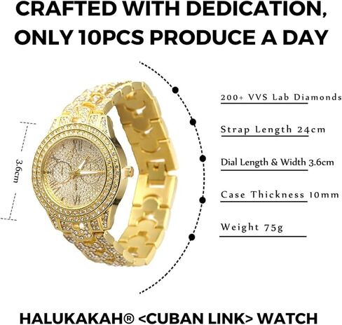 Halukakah Diamond Gold Watch for Men - THE CUBAN LINK - Iced Out Men's 18k Real Gold/Platinum White Gold Plated Cuban Chain Band Quartz Wristband 9.5",Cuban Link Chain 8"+18" Necklace Bracelet Set,Full Cz Diamonds,FREE Giftbox in Kuwait