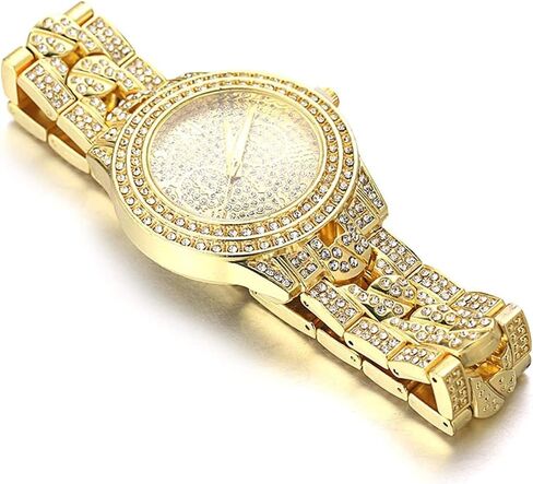 Halukakah Diamond Gold Watch for Men - THE CUBAN LINK - Iced Out Men's 18k Real Gold/Platinum White Gold Plated Cuban Chain Band Quartz Wristband 9.5",Cuban Link Chain 8"+18" Necklace Bracelet Set,Full Cz Diamonds,FREE Giftbox in Kuwait