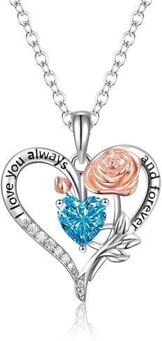 Rose Love Heart Pendant Necklaces for Women, Birthday or Mother's Day Gifts for Ladies, Silver Jewelry with Crystals, Anniversary for Wife Mom Girlfriend Her in Saudi Arabia