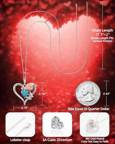 Rose Love Heart Pendant Necklaces for Women, Birthday or Mother's Day Gifts for Ladies, Silver Jewelry with Crystals, Anniversary for Wife Mom Girlfriend Her in Saudi Arabia