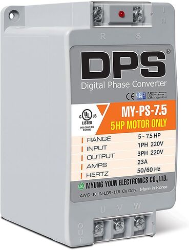 مرحلة DPS Sinlge إلى محول الطور 3 ، 7.5hp ، 23a ، الإدخال/الإخراج 200 فولت-240 فولت My-PS-7.5 نموذج المستخدم لمحرك 15A (3.7 كيلو وات) 15A ، يجب استخدام DPS لمحرك واحد فقط ، المدرجة في UL in Kuwait
