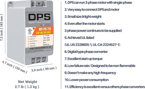 مرحلة DPS Sinlge إلى محول الطور 3 ، 7.5hp ، 23a ، الإدخال/الإخراج 200 فولت-240 فولت My-PS-7.5 نموذج المستخدم لمحرك 15A (3.7 كيلو وات) 15A ، يجب استخدام DPS لمحرك واحد فقط ، المدرجة في UL in Kuwait