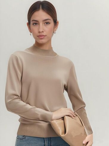 MessBebe Women's Mock Turtle Neck Sweater Slim Fit Long Sleeve Lightweight Knit Pullover Jumper Tops for Fall Winter in Saudi Arabia