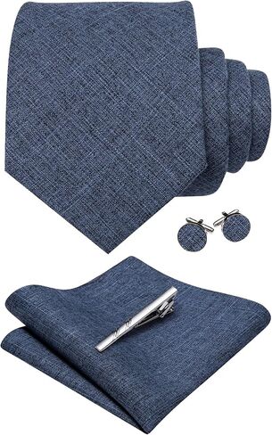 YOHOWA Extra Long Men's Tie Set with Clip Wool Linen Solid Checkered Business Wedding Neckties Handkerchief Cufflinks in Kuwait