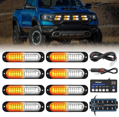Nilight 8pcs LED LED LIGHT مع وحدة تحكم 12V 24V مزامنة ميزة العنبر الأبيض ستروب ضوء 12 LED مصابيح تحذير الطوارئ السطحي مع وحدة تحكم strobe لشاحنة السيارة RV ATV in Kuwait