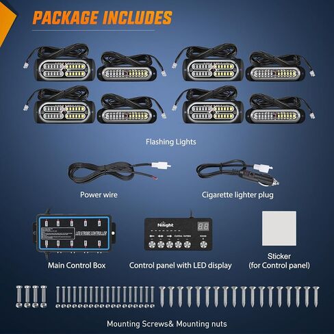 Nilight 8pcs LED LED LIGHT مع وحدة تحكم 12V 24V مزامنة ميزة العنبر الأبيض ستروب ضوء 12 LED مصابيح تحذير الطوارئ السطحي مع وحدة تحكم strobe لشاحنة السيارة RV ATV in Kuwait