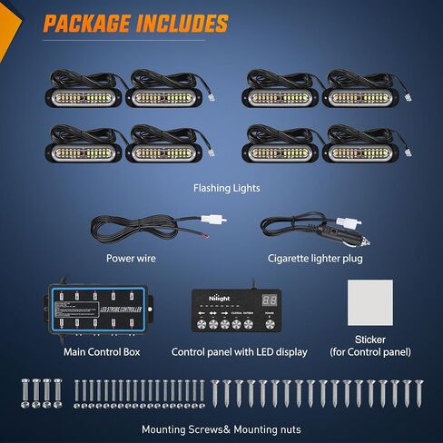 Nilight 8pcs LED LED LIGHT مع وحدة تحكم 12V 24V مزامنة ميزة العنبر الأبيض ستروب ضوء 12 LED مصابيح تحذير الطوارئ السطحي مع وحدة تحكم strobe لشاحنة السيارة RV ATV in Kuwait