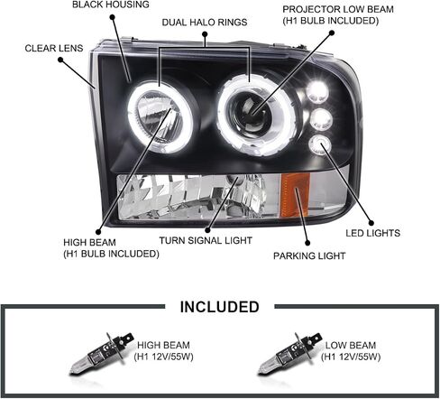 SPEC-D TUNING Jet Black LED Halo Projector Headlights Compatible with 1999-2004 Ford F250 / F350 / F450 / F550 Super Duty, 2000-2004 Ford Excursion US, Left + Right Pair Headlamps Assembly in Saudi Arabia