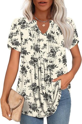 Womens 2025 Summer/Spring Tunic Tops V Neck Dressy Casual Blouse for Work Fashion Pleated Short Sleeve T-Shirts in Saudi Arabia