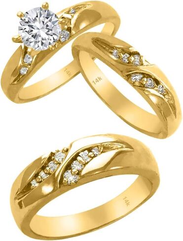 Trio Rings Set 14k Yellow Gold- 3-Piece Wedding Engagement Rings Band for Her and Him - Round Cubic Zirconia CZ for Couple Mens and Women - Anillos de Matrimonio. in Saudi Arabia