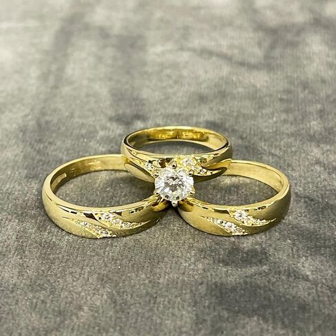 Trio Rings Set 14k Yellow Gold- 3-Piece Wedding Engagement Rings Band for Her and Him - Round Cubic Zirconia CZ for Couple Mens and Women - Anillos de Matrimonio. in Saudi Arabia