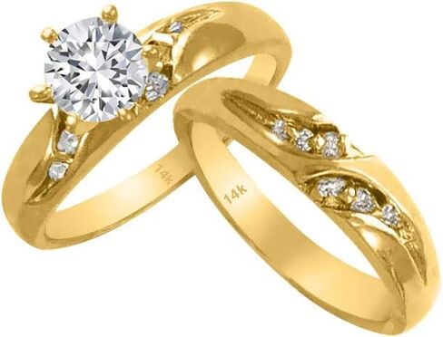 Trio Rings Set 14k Yellow Gold- 3-Piece Wedding Engagement Rings Band for Her and Him - Round Cubic Zirconia CZ for Couple Mens and Women - Anillos de Matrimonio. in Saudi Arabia