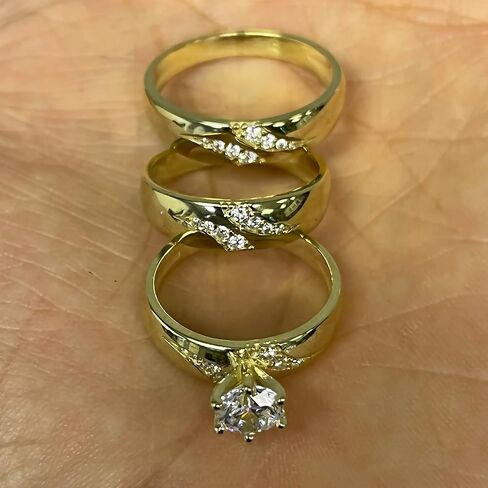 Trio Rings Set 14k Yellow Gold- 3-Piece Wedding Engagement Rings Band for Her and Him - Round Cubic Zirconia CZ for Couple Mens and Women - Anillos de Matrimonio. in Saudi Arabia