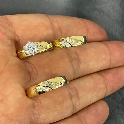 Trio Rings Set 14k Yellow Gold- 3-Piece Wedding Engagement Rings Band for Her and Him - Round Cubic Zirconia CZ for Couple Mens and Women - Anillos de Matrimonio. in Saudi Arabia