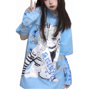 Women Y2k Anime T Shirt with Sleeve Cover Sweatshirt Grunge Japanese Aesthetic Dark Academia Alt Emo Harajuku Pullover in Saudi Arabia