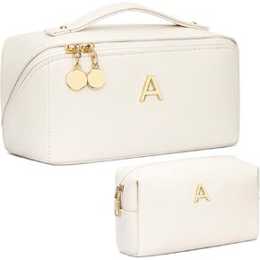 Birthday Gifts for Women Teen Girl, Personalized Initial Makeup Organizer Bag Set, Open Flat Travel Cosmetic Bag With Clear Divider and Handle(Beige,A) in Saudi Arabia