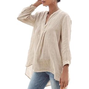Summer V-Neck Linen Shirts for Women 3/4 Sleeve, Womens Flowy Cotton Linen Blouses Tops with Long Hem in Saudi Arabia