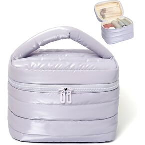 حقيبة ماكياج السفر المنتفخة للنساء منظم مكياج مضاد للماء مع جيوب مدمجة كيس مستحضرات تجميلية قابلة للطي لأساسيات السفر (الوردي) in Kuwait