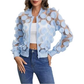 Floerns Women's Sheer Mesh Zip Up Bomber Jacket Long Sleeve Baseball Collar Outwear Tops in Kuwait