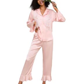 Brosloth Womens Silk Pajamas Long Ruffle Sleeve Satin Pajama Set Butterfly Button Up Cute Pj Sets in Kuwait