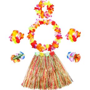 Gejoy 7 PCS Hawaiian Luau Hula Grass Skirt with Flower Costum in Kuwait
