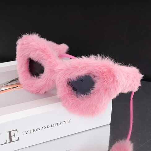 Women Plush Fuzzy Cat Eye Sunglasses Pink Cat Eye Sunglasses Punk Soft Velvet Shades Sunglasses for Halloween Costume in Saudi Arabia