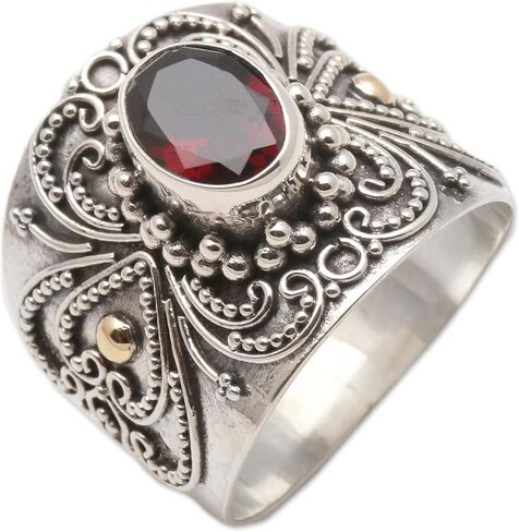 Novica Artisan Handmade 18K الذهب الذهب رنين كوكتيل خاتم الفضة الفضية بالي مع لهجات sterling الحجر واحد إندونيسيا الأحجار الكريمة in Saudi Arabia
