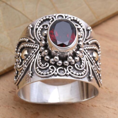 Novica Artisan Handmade 18K الذهب الذهب رنين كوكتيل خاتم الفضة الفضية بالي مع لهجات sterling الحجر واحد إندونيسيا الأحجار الكريمة in Saudi Arabia