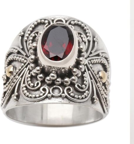 Novica Artisan Handmade 18K الذهب الذهب رنين كوكتيل خاتم الفضة الفضية بالي مع لهجات sterling الحجر واحد إندونيسيا الأحجار الكريمة in Saudi Arabia
