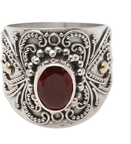 Novica Artisan Handmade 18K الذهب الذهب رنين كوكتيل خاتم الفضة الفضية بالي مع لهجات sterling الحجر واحد إندونيسيا الأحجار الكريمة in Saudi Arabia