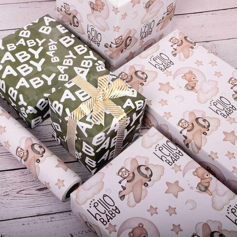 Dtiafu Baby Shower Wrapping Paper for Baby Boy Infant - 12 Sheets Baby Blue Gift Wrap with Bear Star Cake Moon Sweet Dreams Patterns - 19 x 27inch Per Sheet in Saudi Arabia