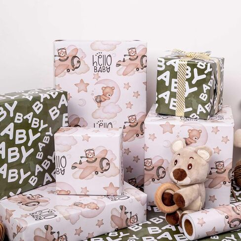 Dtiafu Baby Shower Wrapping Paper for Baby Boy Infant - 12 Sheets Baby Blue Gift Wrap with Bear Star Cake Moon Sweet Dreams Patterns - 19 x 27inch Per Sheet in Saudi Arabia