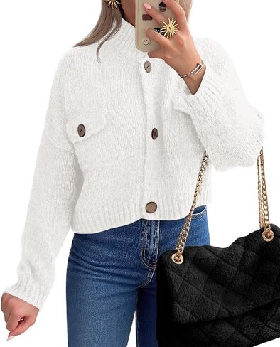 Saodimallsu Womens Cropped Cardigan Sweaters Button Up Chunky Knit Long Sleeve Collared Open Front Loose Jackets in Saudi Arabia