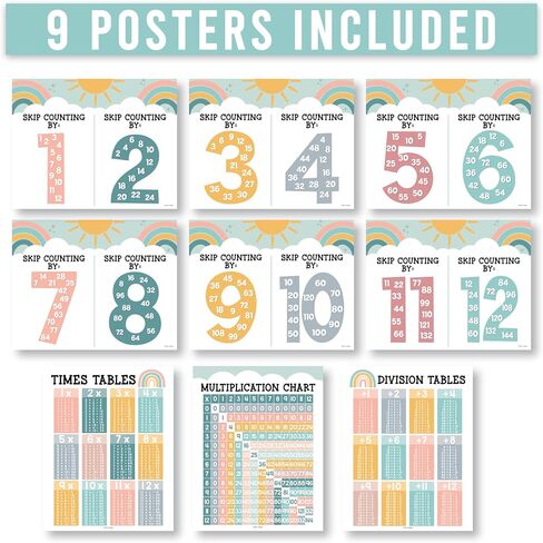 مجموعة ملصقات Hadley Designs Murblication Chart - 9 ملصقات رياضيات للفصول الدراسية والمدرسة المنزلية ، طاولات الأوقات ، العد المتخطي ، وملصقات التقسيم للتعلم البصري من الدرجة الثانية إلى الخامس ، بوهو ديكور الفصل الدراسي in Saudi Arabia