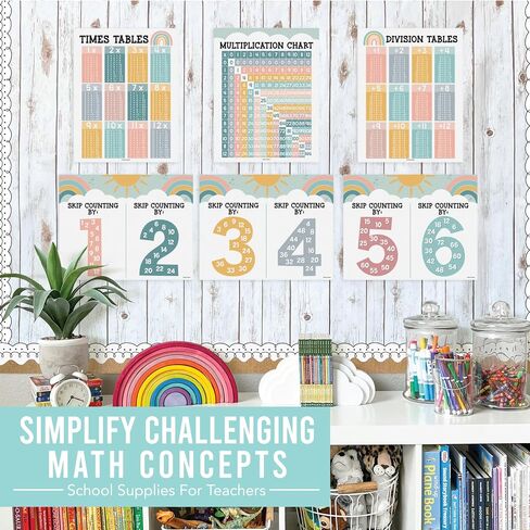 مجموعة ملصقات Hadley Designs Murblication Chart - 9 ملصقات رياضيات للفصول الدراسية والمدرسة المنزلية ، طاولات الأوقات ، العد المتخطي ، وملصقات التقسيم للتعلم البصري من الدرجة الثانية إلى الخامس ، بوهو ديكور الفصل الدراسي in Saudi Arabia