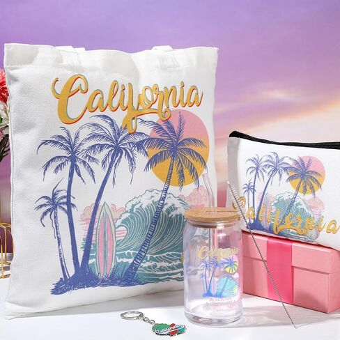 Chuangdi 4 PCS California Travel Gifts Set Canvas Bag Cosmetic Bag 16 Oz Pumbler and Keychain California City City Gifts for Traveler Friend Friend Lover Sister in Kuwait