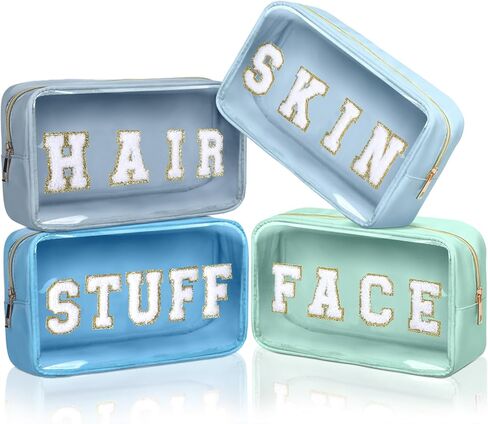 Pinkunn 4 Pcs Preppy Makeup Bags Christmas Chenille Letter Bag Face Skin Hair Stuff Cosmetic Bag Corduroy Makeup Pouch with Zipper Birthday Gifts for Women(Gentle Color) in Kuwait