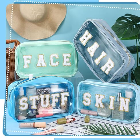 Pinkunn 4 Pcs Preppy Makeup Bags Christmas Chenille Letter Bag Face Skin Hair Stuff Cosmetic Bag Corduroy Makeup Pouch with Zipper Birthday Gifts for Women(Gentle Color) in Kuwait