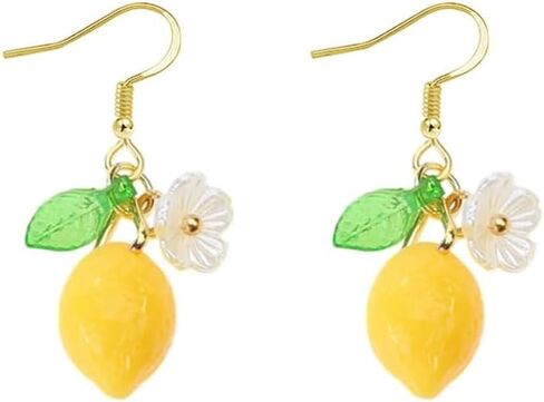 Dainty Yellow Lemon Flower Glass Leaf Teardrop Tassel Dangle Earrings for Women Cute Lovely Sterling Silver Post Gold Plated White Shell Froal Fruit Dangling Earrings Lightweight Hypoallergenic Jewelry in Saudi Arabia