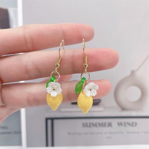 Dainty Yellow Lemon Flower Glass Leaf Teardrop Tassel Dangle Earrings for Women Cute Lovely Sterling Silver Post Gold Plated White Shell Froal Fruit Dangling Earrings Lightweight Hypoallergenic Jewelry in Saudi Arabia