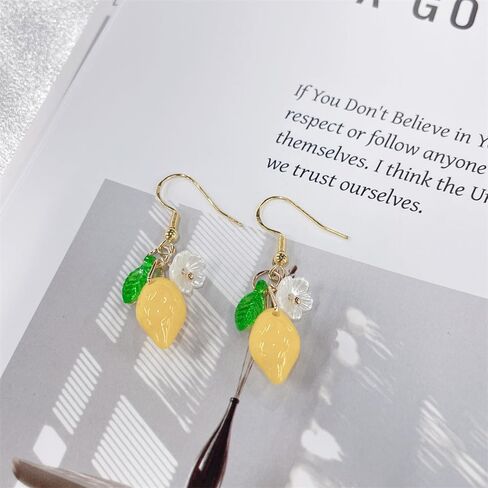 Dainty Yellow Lemon Flower Glass Leaf Teardrop Tassel Dangle Earrings for Women Cute Lovely Sterling Silver Post Gold Plated White Shell Froal Fruit Dangling Earrings Lightweight Hypoallergenic Jewelry in Saudi Arabia