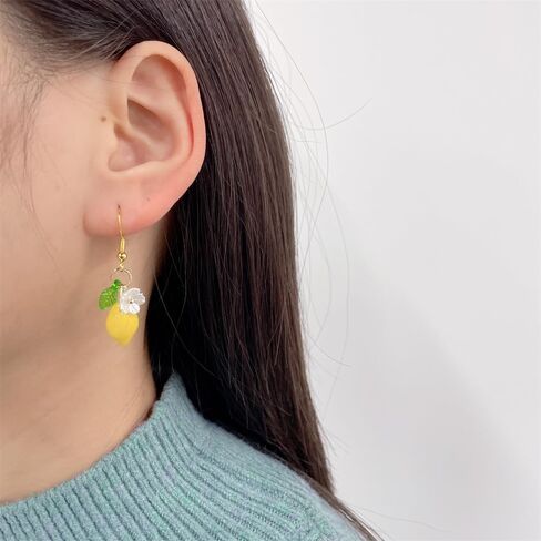 Dainty Yellow Lemon Flower Glass Leaf Teardrop Tassel Dangle Earrings for Women Cute Lovely Sterling Silver Post Gold Plated White Shell Froal Fruit Dangling Earrings Lightweight Hypoallergenic Jewelry in Saudi Arabia