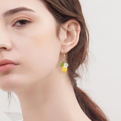 Dainty Yellow Lemon Flower Glass Leaf Teardrop Tassel Dangle Earrings for Women Cute Lovely Sterling Silver Post Gold Plated White Shell Froal Fruit Dangling Earrings Lightweight Hypoallergenic Jewelry in Saudi Arabia